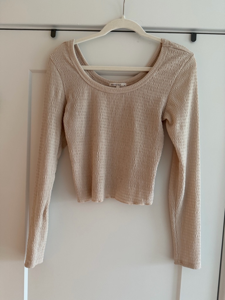 Beige Ribbed Long-Sleeve Scoop Neck Top